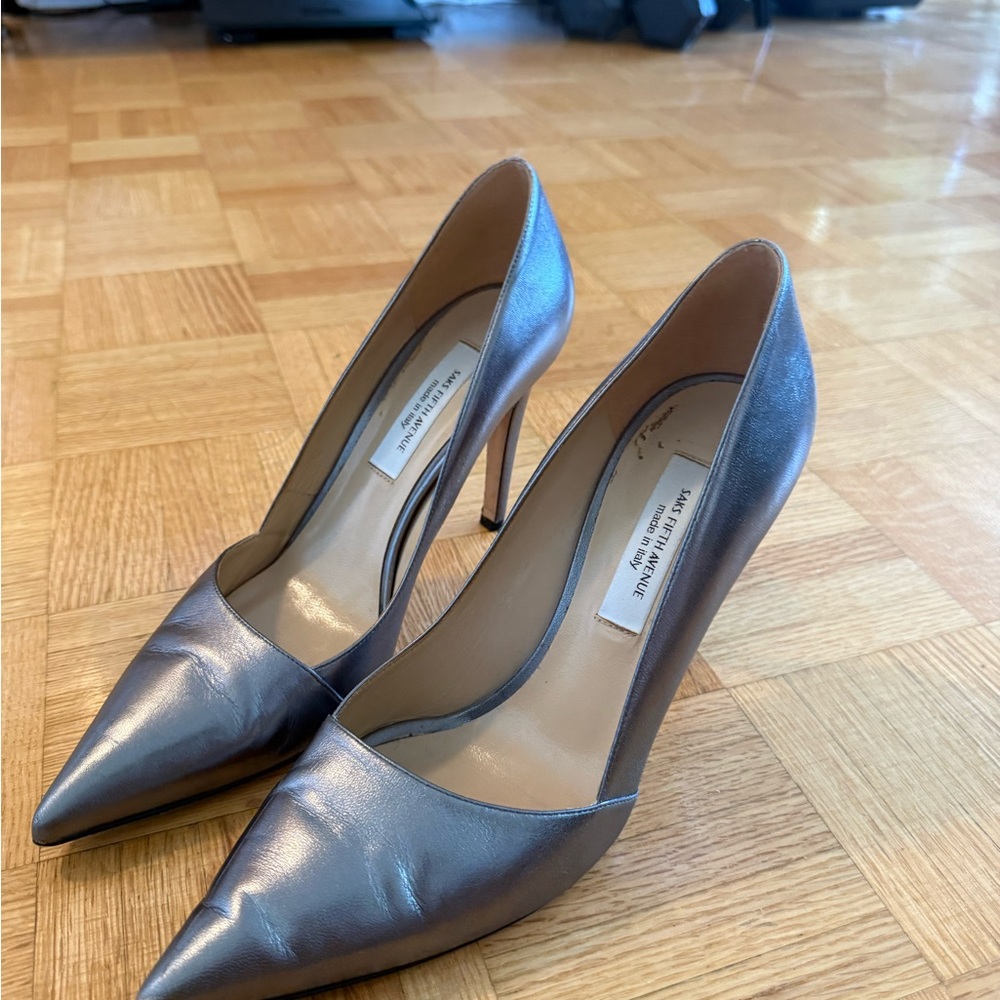 Saks Fifth Avenue Metallic Silver Pointed-Toe Leather Pumps